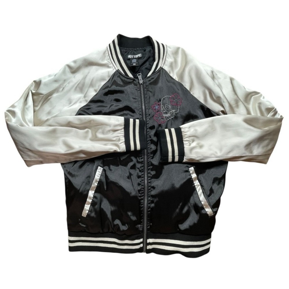 Hot Topic Embroidered Skull Satin Bomber Jacket - Black & Ivory - Picture 11 of 15
